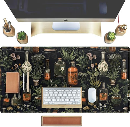Black Aesthetics Desk Mat Mouse Pad Large Gaming Mouse Pad Desk Pad Mousepad, Mystical Green Plant Computer Laptop Keyboard and Mouse Mat, Desktop Protector Mat for Women Girl Office 31.5x15.8 in