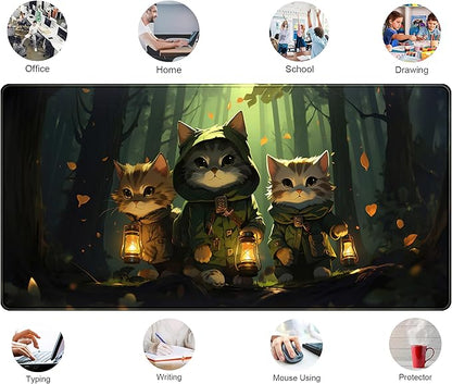 Forest Cats Desk Mat Anime Cat Desk Pad Cute, Kawaii Green Mouse Pad XXL, Large Extended Gaming Mousepad Keyboard Mouse Mat with Stitched Edges, Home Office Decor Pad for Women Girl 31.5x15.75 in