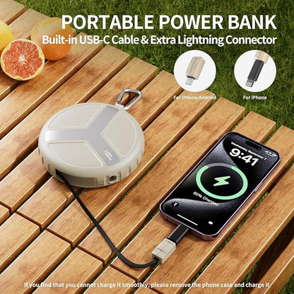 Vivilumens Power Bank Portable Charger 10,000mAh Retractable 25.5 in Built-in Cable Fast Charging Battery Pack USB-C for iPhones Galaxy Laptop with Flashlight&Carabiner for Camping Backpacking Travel