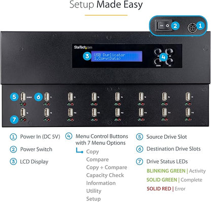 StarTech.com Standalone 1 to 15 USB Flash Drive Duplicator/Cloner/Eraser, Multiple USB Thumb Drive Copier / Sanitizer, System File / Sector-by-Sector Copy, 1.5 GB/min, 3-Pass Erase, LCD, TAA
