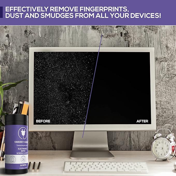 Swanky Cables Screen Cleaner Wipes: Electronic Wipes for Screens - Computer Screen Wipes for Lens, Phone, Tv Screen and Monitor Cleaning - Tech Wipes & Microfiber Cloth (Canister, 50 Count)
