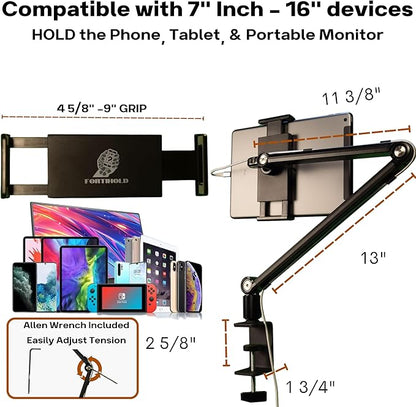 Portable Monitor Stand 16 Inch - Heavy Duty Aluminum Adjustable Monitor Mount with Articulating Arm, 360° Rotation, Cable Management - Professional Desk Setup for Tablets, Phones 4.7-16"