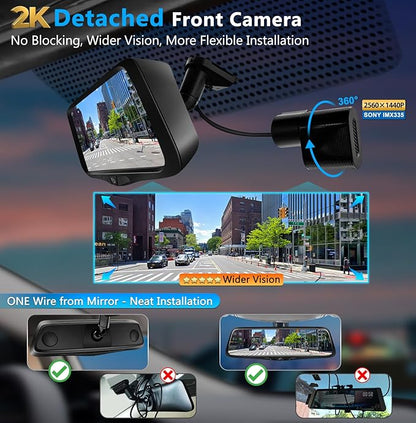 PORMIDO OEM 2K Rear View Mirror Camera,10" Mirror Dash Cam with Detached Front Backup Camera, Smart Full Touchscreen Rearview WDR Dashcam with Built-in GPS,64GB Card,Parking Monitor,Night Vision