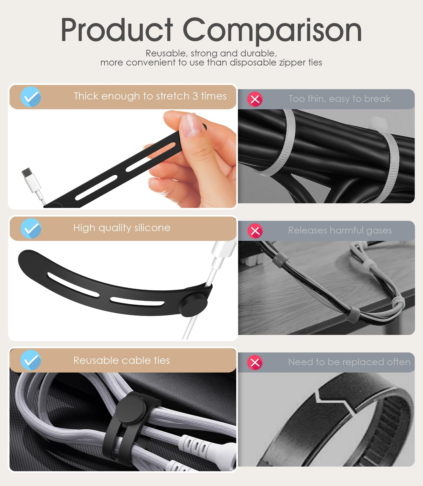Nearockle 40Pcs Reusable Cable Ties, Adjustable Cord Organizer, Black+White