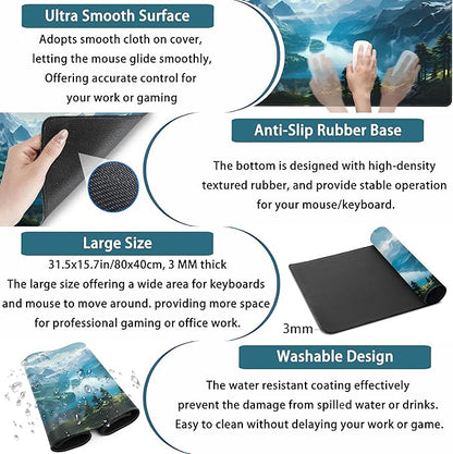 Aesthetic Mountain Vista Desk Mat, Blue Natural Wonder XXL Large Extended Gaming Mouse Pad Mat Non-Slip Mousepad, Computer Keyboard and Mouse Mat, Desk Pad with Stitched Edges, 31.5x15.75 in