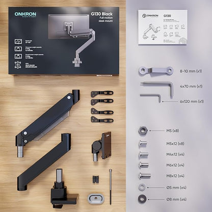 ONKRON Heavy Duty Monitor Arm for 17-57 Inch Screen up to 59.4 lbs, Ultrawide Monitor Mount with Gas Spring, VESA 75x75-200x200, Single Arm Screen Mount for Desk Swivel, Tilt, Rotation Black