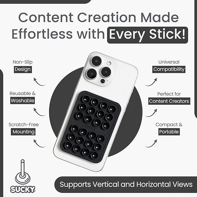 SUCKY Silicone Suction Phone Case Adhesive Mount - Anti-Slip Holder, Hands-Free Fidget Toy, Phone Accessory for iPhone and Android (Deep Black, Magnetic)