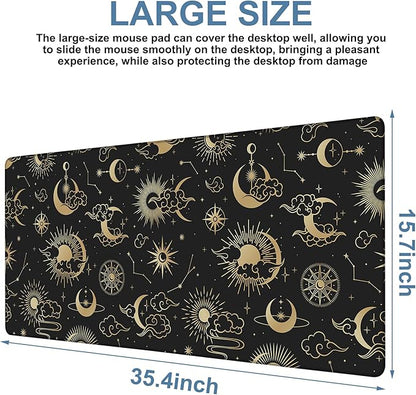 Gaming Desk Pad Large Extra Length Clouds, Moon and Sun Mouse Pad Keyboard Laptop Non-Slip Waterproof with Rubber Base Thick Stitched Edge Mouse Mat for Office Home 35.4 x 15.7 Inches