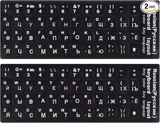 2PCS Russian Keyboard Stickers, Russian-Englsih Keyboard Letters Replacement Stickers White Font Black Background for PC Computer Laptop Notebook Desktop, Cyrillic Keyboard Alphabet Stickers