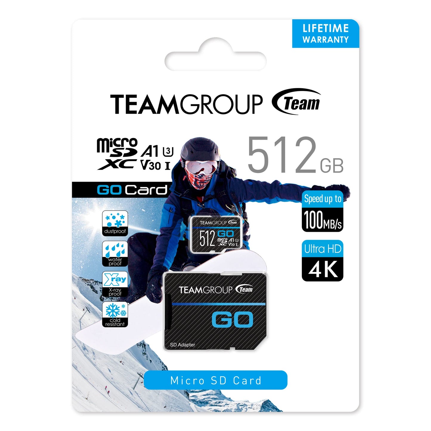 TEAMGROUP GO Card 512GB MicroSDXC UHS-I U3 V30 4K for Action Cameras & Drone High Speed Flash Memory Card with Adapter for Outdoor Sports&Vlog, 4K Shooting,GoPro&Insta360&DJI TGUSDX512GU303
