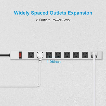 JUNNUJ Metal 8 Outlet Power Strip, Mountable Heavy Duty Power Strip, 1200J Surge Protector Wall Mount Screws Outlet with Switch, Gaming Desk Strips Wide Spaced 15A 125V 1875W, 10 FT 14AWG Power Cord