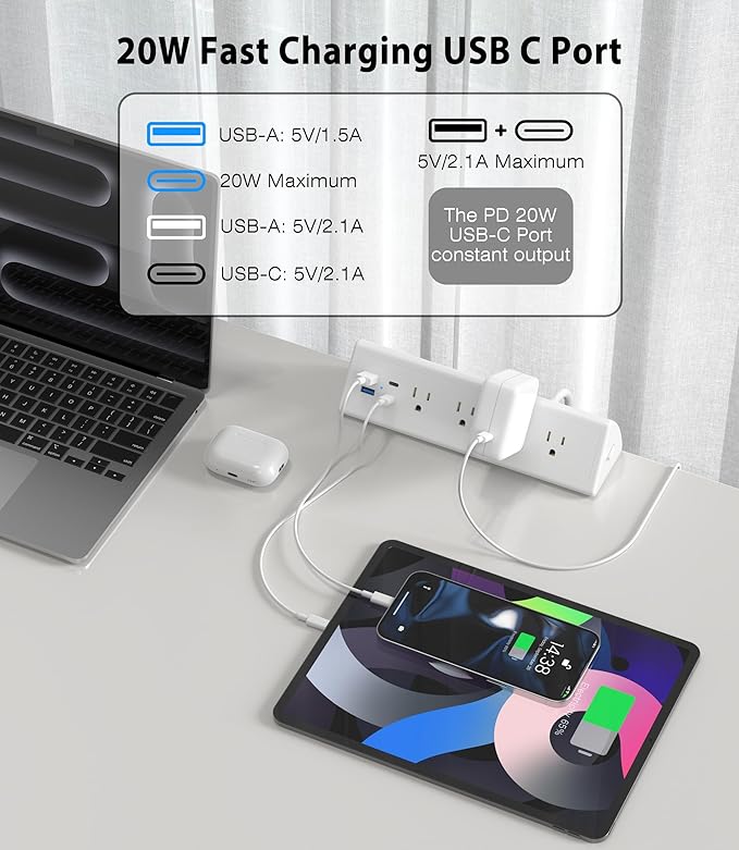 Jgstkcity Desk Clamp Power Strip,20W Fast Charging Station,Surge Protector Nightstand Edge Mount,1875W Extension Cord with Multiple Outlets,2 USB-C,2 USB-A,for Home Office (White, 2PCS-6 FT)
