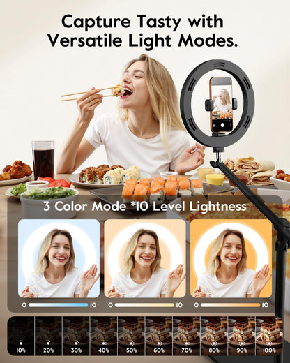 LUXSURE Ring Light with Stand for Desk,Adjustable Overhead Phone Mount with 10" Selfie Light Phone Tripod with Ring Light and Remote, Phone Stand with Light for Video Recording,Live Stream,Cooking