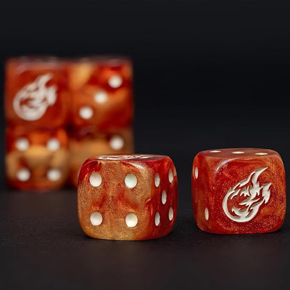 Fireball D6 Dice Set – 10 x 16mm Red & Orange Pearl Dice with Explosion Symbol | Fantasy Tabletop Dice for RPG, Wargames & Roll Damage