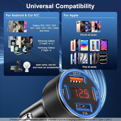 Car Charger for iPhone 16 15 Pro Max, Besgoods 4-Port Cigarette Lighter Adapter USB C & USB A Car Phone Charger Fast Charging Voltmeter for Galaxy S24 S23 A15 A54 Android, 6ft USB C to C Cable