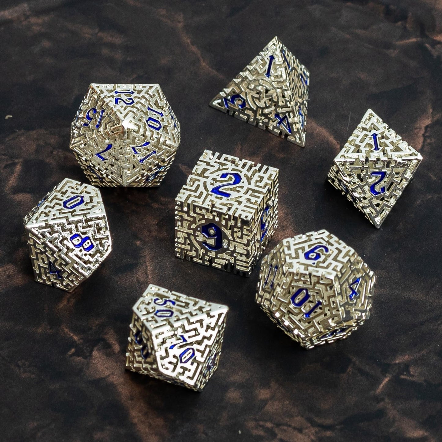 Rolledomain Metal Hollow DND Dice Set with A Gift Box, Silver Metallic Luster Maze Design, Ideal DND Dice Set for D&D DM and Players, Perfect for Dungeons and Dragons, MTG, COC Game Meetings (Cleric)