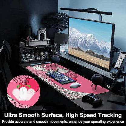 Mouse Pad, Large Great Wave in Vaporwave Pop Art Desk Mat, Extended Non-Slip Gaming Keyboard Mousepad Desk Pad, Thick Stitched Edges Waterproof Mouse Mat 31.5"x15.7" (Ocean's Crest Leap)