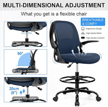 Drafting Chair Tall Office Chair with Flip-up Armrests, Adjustable Height, Enhanced Lumbar Support Ergonomic Rolling Stool, Back Support, Adjustable Foot Rest Ring for Standing Desk Navy