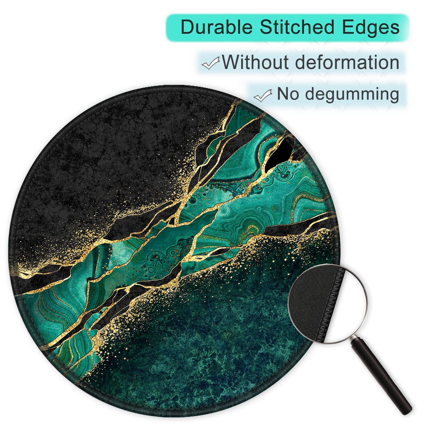 ITNRSIIET Round Mouse Pad with Stitched Edge Premium-Textured Waterproof Non-Slip Rubber Base Desktop Protection Mat Diameter 8.7 inches, Green Marble Gold