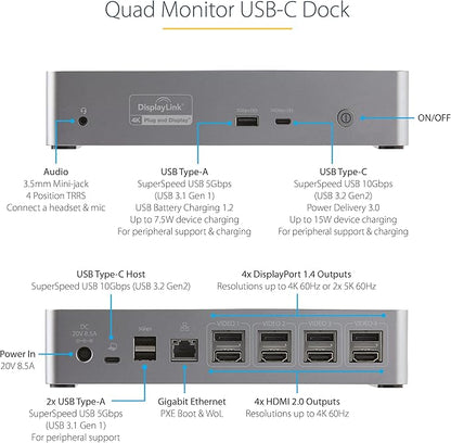 StarTech.com USB-C Quad Monitor Docking Station for MacBook Pro/Air M1 M2 M3 M4 & Windows, Universal 4K 60Hz HDMI DP Dock, Thunderbolt Compatible, 100W Laptop Charging