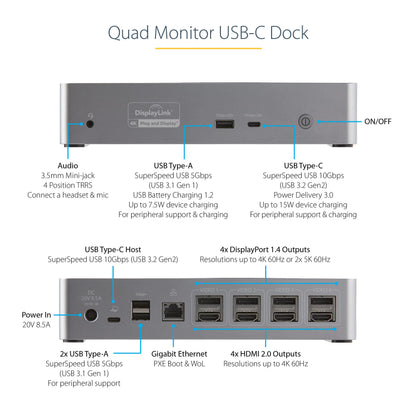 StarTech USB-C Quad 4K Dock, MacBook Pro/Air M1-M4 & Windows, 100W, DP HDMI