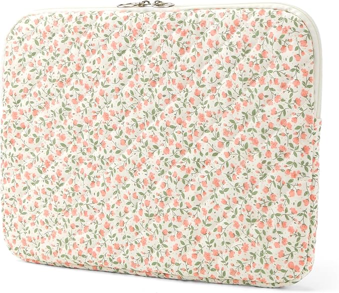 Puffy Laptop Sleeve 13-15.6 Inch Cute Quilted Laptop Protective Case Padded Floral Computer Sleeve for MacBook (B-Pink, 15 Inch)