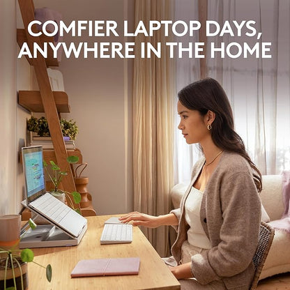 Logitech Casa Pop Up Desk Kit - Adjustable Laptop Stand for Desk, Wireless Keyboard & Touchpad, Bluetooth, USB C Charging, Nordic Calm, Tan/Purpl
