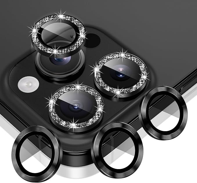 AGVEE 3+3 6 Pack for iPhone 16 Pro 6.3" / 16 Pro Max 6.9" Camera Lens Cover Protector, Bling Glitter & CD-Textured Metal Ring 9H Tempered HD Glass Camera Cover Protector Film, Glitter-Black