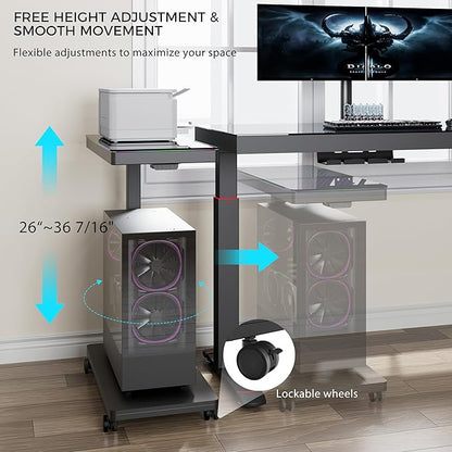 EUREKA ERGONOMIC Height Adjustable Computer Tower Stand, Illuminated Glass Panel PC Stand w/RGB Lights, 2-Tier CPU Holder Cart Under Desk, PC Floor Stand for Office Gaming, APP Control