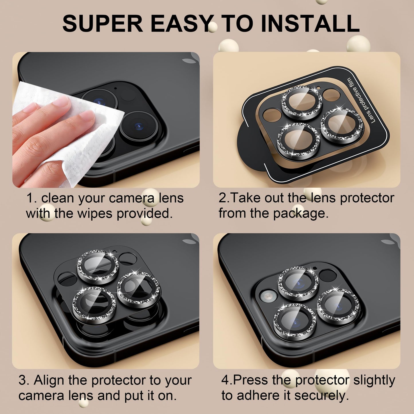 beuxece Compatible for iPhone 16 Pro/iPhone 16 Pro Max Camera Lens Protector, Bling Metal Tempered Glass Camera Screen Cover Accessories [Strong Adsorption][Case-Friendly]- Glitter Titanium Black