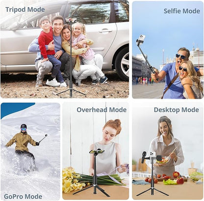ATUMTEK 63"" Phone Tripod, Extendable Selfie Stick Tripod with Bluetooth Remote, All-in-One Aluminum Phone Tripod Stand with Cold Shoe Mount for 4”-7” iPhone and Android Smartphones Black, ATSS175