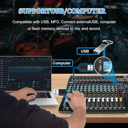 12 Channel Audio Interfacer Sound Board Mixer DJ Mixer 16-Bit DSP Effect USB Audio Mixer +48V Phantom Power Bluetooth Mixer for Karaoke Studio Streaming Recording,Live Streaming