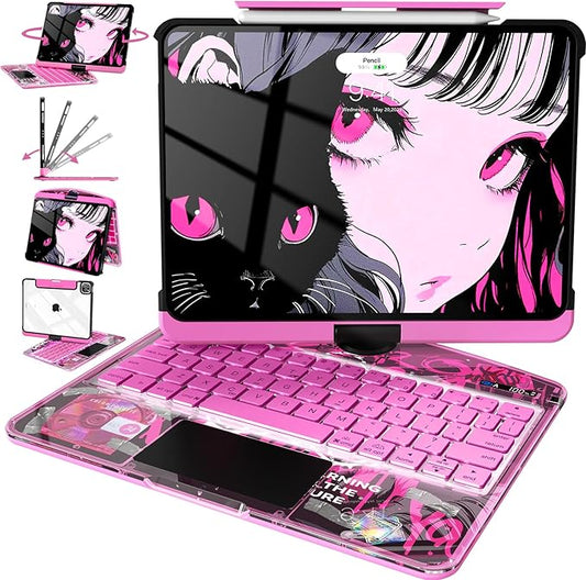 Intermerge Transparent Case with Keyboard for iPad Air 13"(M4/ M3/ M2, 2026/2025/ 2024) & Pro 12.9" (2022-2018) - 360° Swivel Multi-Touch Trackpad, 7-Color Backlit, Pencil Holder, Blush Pulse