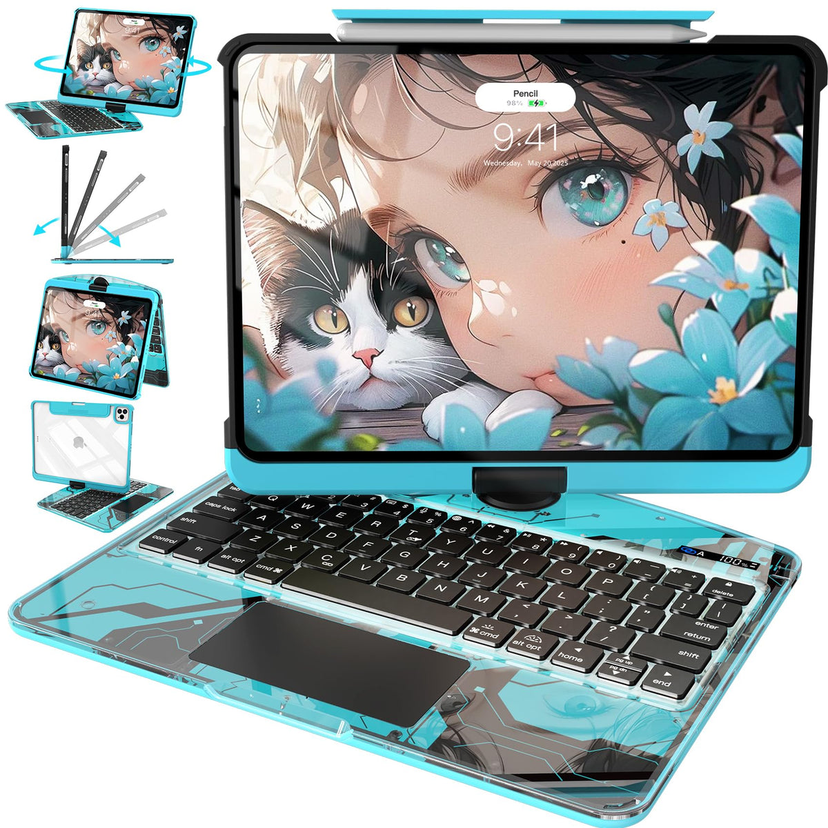 Intermerge Transparent Keyboard Case for iPad Pro 13"(M5,2025/ M4,2024), 360° Swivel Multi-Touch Trackpad, 7-Color RGB Backlit, Pencil Holder, Type-C, Power Indicator, Aqua Pulse