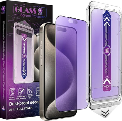 2 Pack Anti Blue Light Matte Screen Protector for iPhone 16 Pro, 9H Tempered Glass, Full Coverage, Anti-Fingerprint, Auto Dust-Elimination, No Bubble, Easy Installation