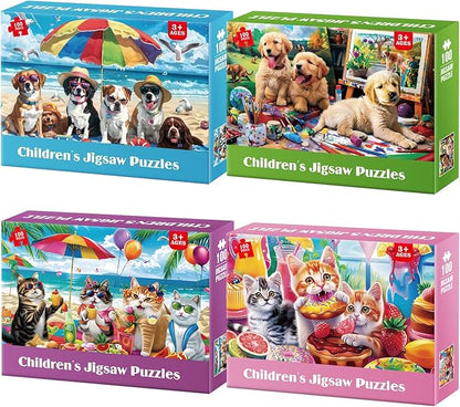 4-Pack 100 Piece Puzzles for Kids Ages 4-6 - Cats & Dogs Puzzles for Kids Ages 6-8 Kid Puzzle Educational Search & Find Toy Preschool Large Piece Puzzle for Adults Seniors