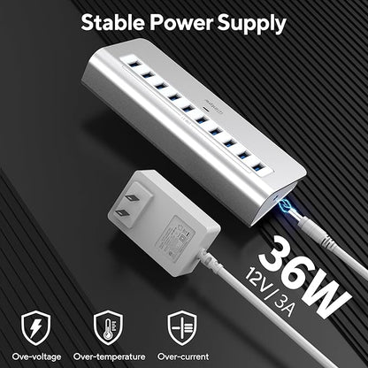 Powered USB Hub, intpw 10 Port USB 3.1 Hub with 10Gbps Data Transfer, 36W(12V/3A) Power Adapter, USB Type A and Type C Cable, Aluminum USB Hub for Laptop, MacBook and Desktop Computer