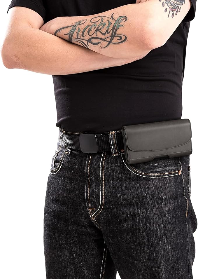 PiTau Holster for iPhone 16 & Pro 16e 15 15pro 14 14pro 13 13pro 12 12pro 11 11pro XR XS X, Samsung Galaxy S25 S24 S23 S22 S21 S20, Cell Phone Belt Holder Clip Case, Men's ID Card Pouch, Pewter Medium