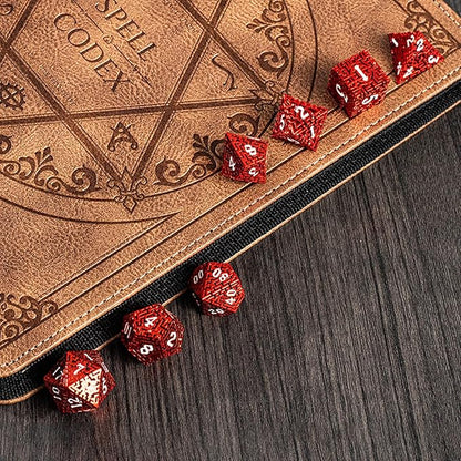 Red Metal Hollow DND Dice Set (Barbarian) Metallic Luster Maze Design with Storage Box - Balanced Weight 7 Piece Zinc Alloy, Designed for Dungeons and Dragons DM and Player RPG Accessories