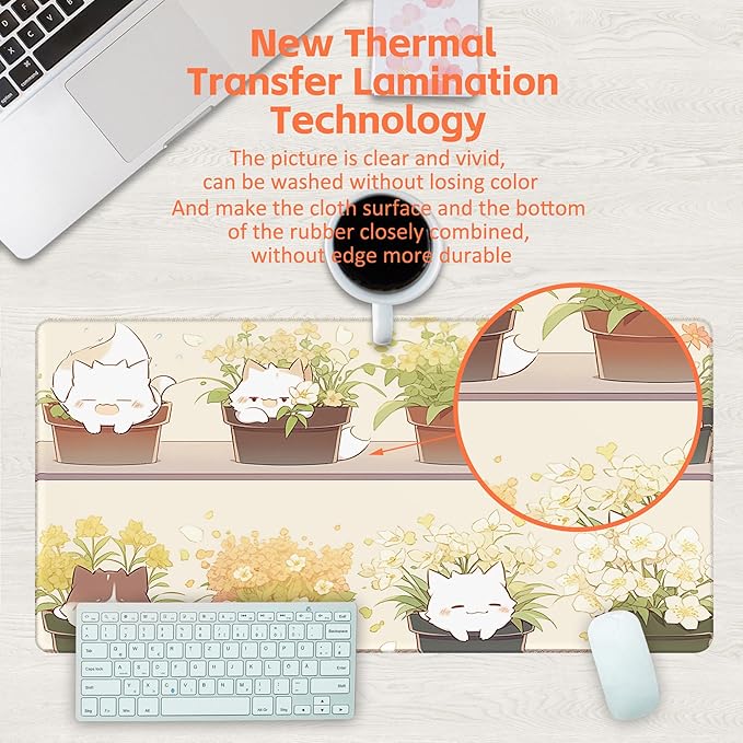 KOAIWPAE Desk Pad, Cute Cat Potted Plant Desk Mat, Anime Kawaii Cat Large Gaming Mouse Pad for Desk, 31.5"x15.7" Extended Big Computer Keyboard Mouse Pad with Non-Slip Base and Stitched Edge
