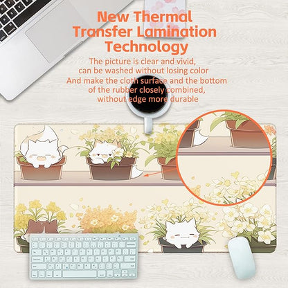 KOAIWPAE Desk Pad, Cute Cat Potted Plant Desk Mat, Anime Kawaii Cat Large Gaming Mouse Pad for Desk, 31.5"x15.7" Extended Big Computer Keyboard Mouse Pad with Non-Slip Base and Stitched Edge