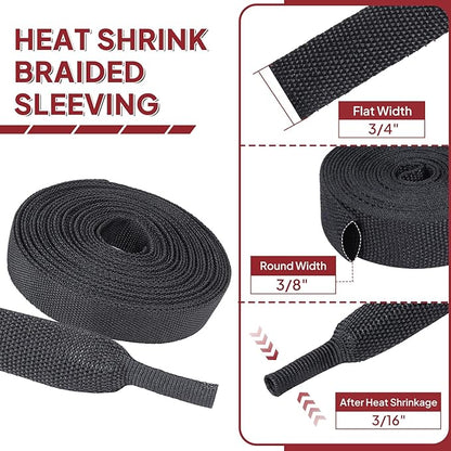 Braided Sleeving Heat Shrinkable Fabric 2:1 Ratio- Abrasion Protection Flexibility Wiring Harness Cable Sheath (3/8" ID, 16ft)