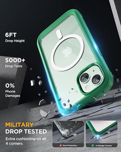 Miracase Magnetic for iPhone 15 Plus Case 6.7'' [Compatible with Magsafe] Full-Body Military Drop Proof 15 Plus Phone Case Cover with Built-in 9H Tempered Glass Screen Protector,Magnetic Green