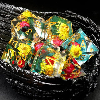 Haxtec Flower Sharp Edge Dice Resin DND Dice Set 7PCS Yellow Blue Red Polyhedral D&D Dice for Role Playing Dice Games Compatible with Dungeons and Dragons