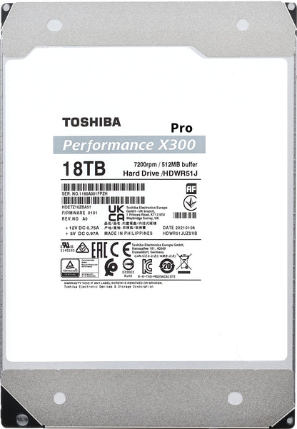 Toshiba X300 PRO 18TB High Workload Performance for Creative Professionals 3.5-Inch Internal Hard Drive – Up to 300 TB/Year Workload Rate CMR SATA 6 GB/s 7200 RPM 512 MB Cache - HDWR51JXZSTB