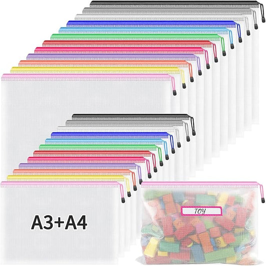 Umriox A3 A4 Mesh Zipper Storage Bags, 24 Pack 12 Colors Organizer Pouches