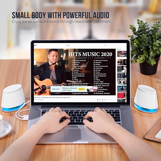 SW102 Computer Speakers, 5Wx2, Deep Bass in Small Body, Stereo 2.0 USB Powered 3.5mm Aux Multimedia Speakers, Built-in Bottom Bass Radiators, PC Laptop Desktop Speakers, White