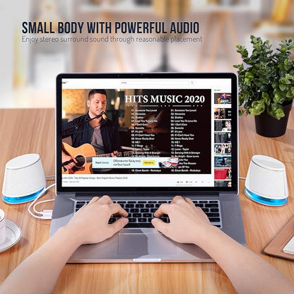 SW102 Computer Speakers, 5Wx2, Deep Bass in Small Body, Stereo 2.0 USB Powered 3.5mm Aux Multimedia Speakers, Built-in Bottom Bass Radiators, PC Laptop Desktop Speakers, White