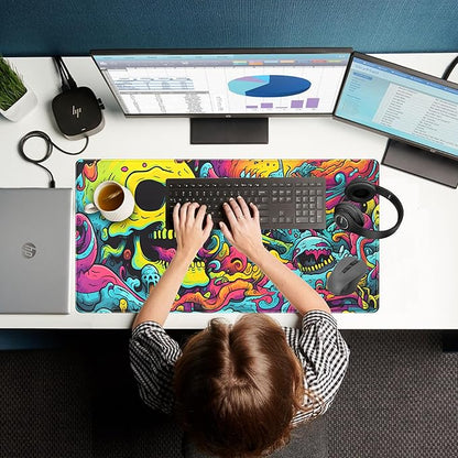 Gaming Desk Mat Skull Desk Pad Extended Mouse Pad XXL, Cool Mouse and Keyboard Mat Big Desktop Mats for Desk, Laptop Mat with Non-Slip Base & Stitched Edges, Office Decor for Men 31.5" x 15.7"