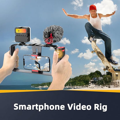 Zeadio Smartphone Camera Stabilizer Kit, Portable Handle Grip Handheld Video Rig with RGB Video Light and Microphone, Fits for All Camcorder, Camera, DSLR and All iPhone and Android Smartphones